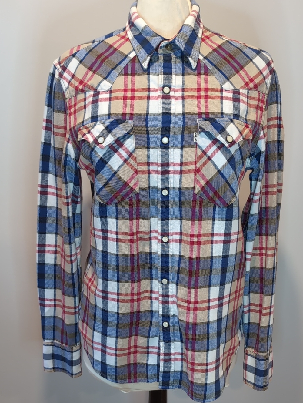 Levi's Plaid Flannel Western Shirt Medium Slim Fit Blue Red Tan